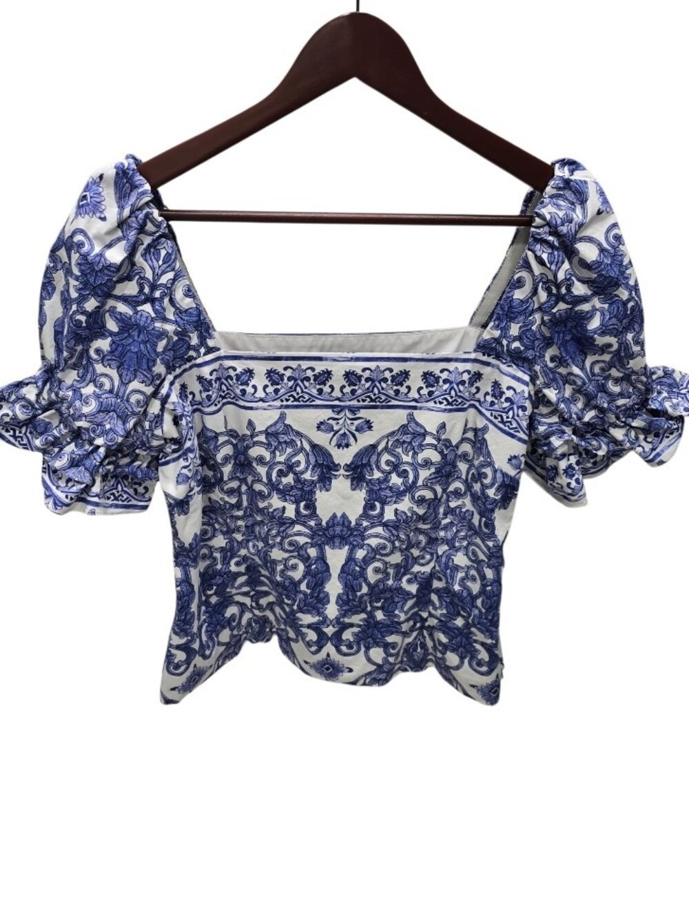 Old Money Porcelain Print Puff Sleeve Square Neck Blouse Blue White Sz 12 - Picture 2 of 9